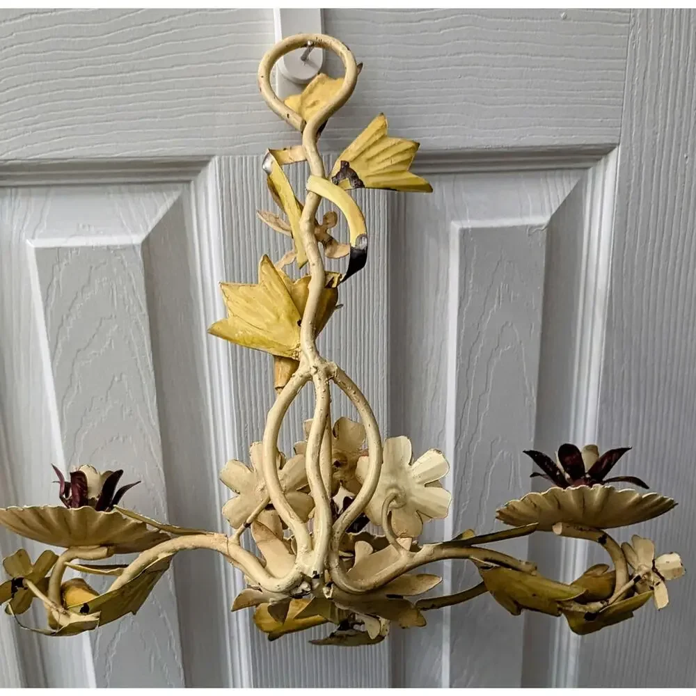Vintage Italian Tole Floral 3 Arm Sconce Multicolor Flower Garden Chippy Shabby